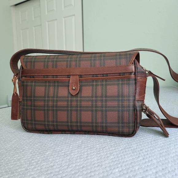 Vintage Polo Ralph Lauren Brown Coated Canvas Plaid Crossbody Bag Satchel Travel - Picture 2 of 12